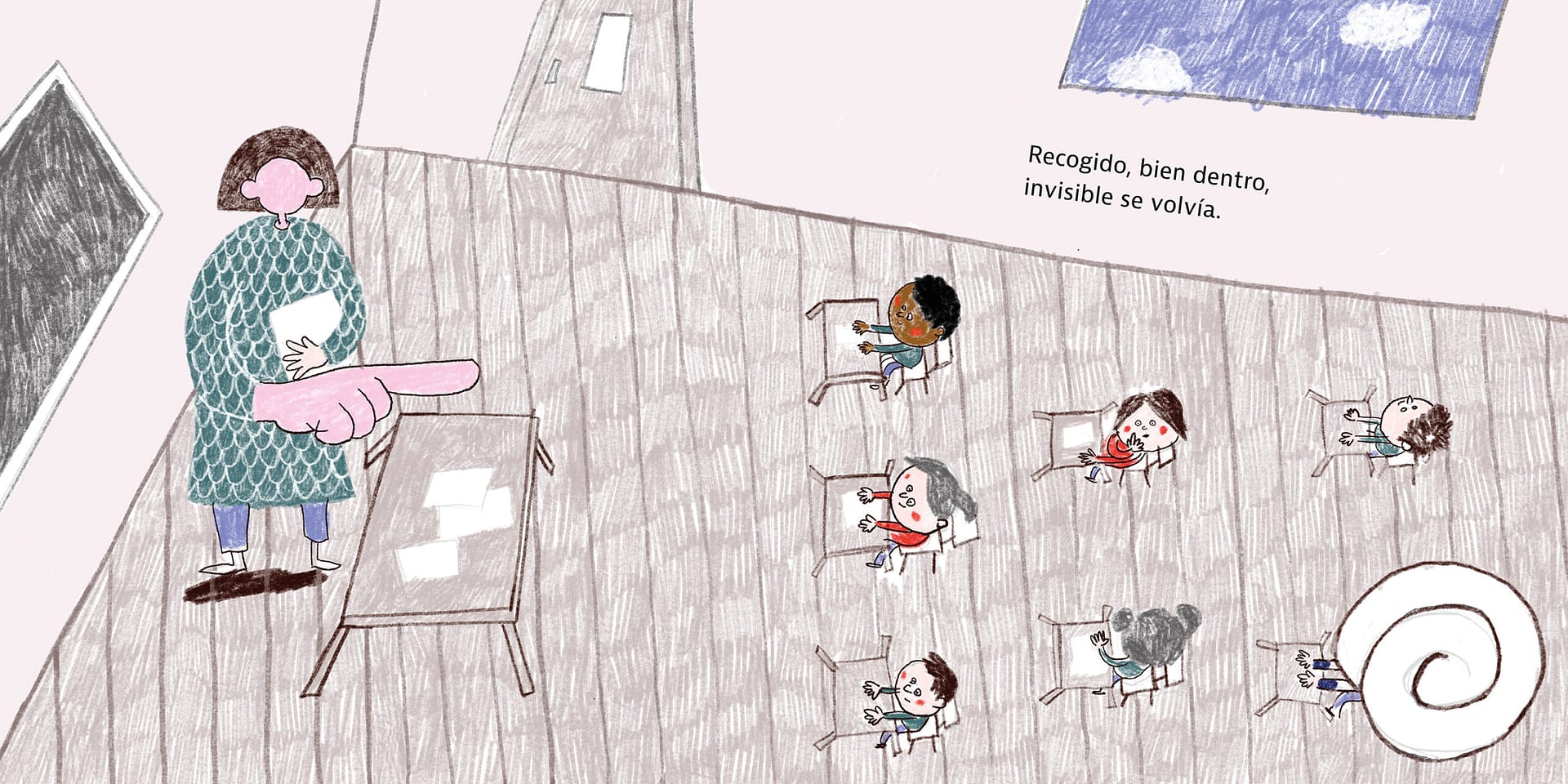 Doble página. La maestra señala con el dedo. Los alumnos están sentados. Óscar escondido en la mochila-concha de caracol