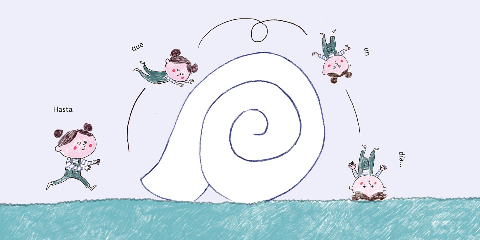 Doble página. Niña tropezando en la concha de caracol y cayendo de cabeza.