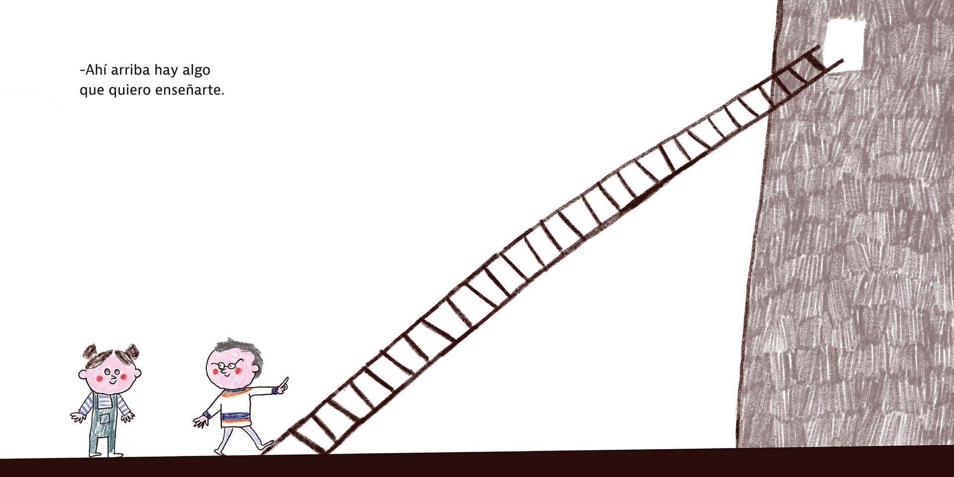 Doble página. Óscar muestra a su nueva amiga una larga escalera que lleva a una ventana