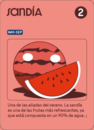 carta de fruta (sandía) mostrando temporada, puntuación y características