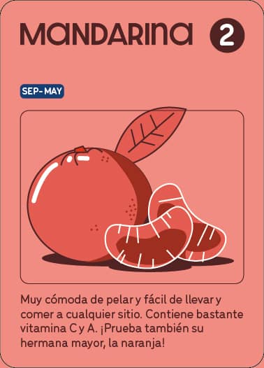 carta de fruta (mandarina) mostrando temporada, puntuación y características