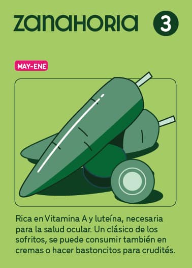 carta de verdura (zanahoria) mostrando temporada, puntuación y características