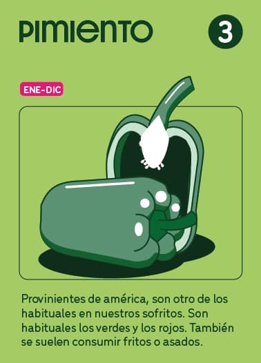 carta de verdura (pimiento) mostrando temporada, puntuación y características