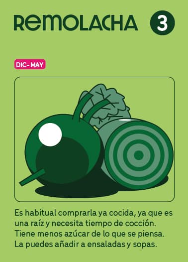 carta de verdura (remolacha) mostrando temporada, puntuación y características