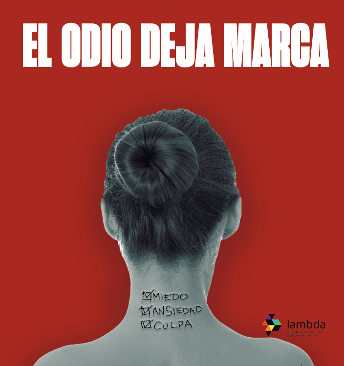 poster 1 "el odio deja marca". parte posterior cabeza mujer con "miedo" "ansiedad" y "culpa" tatuado en la espalda