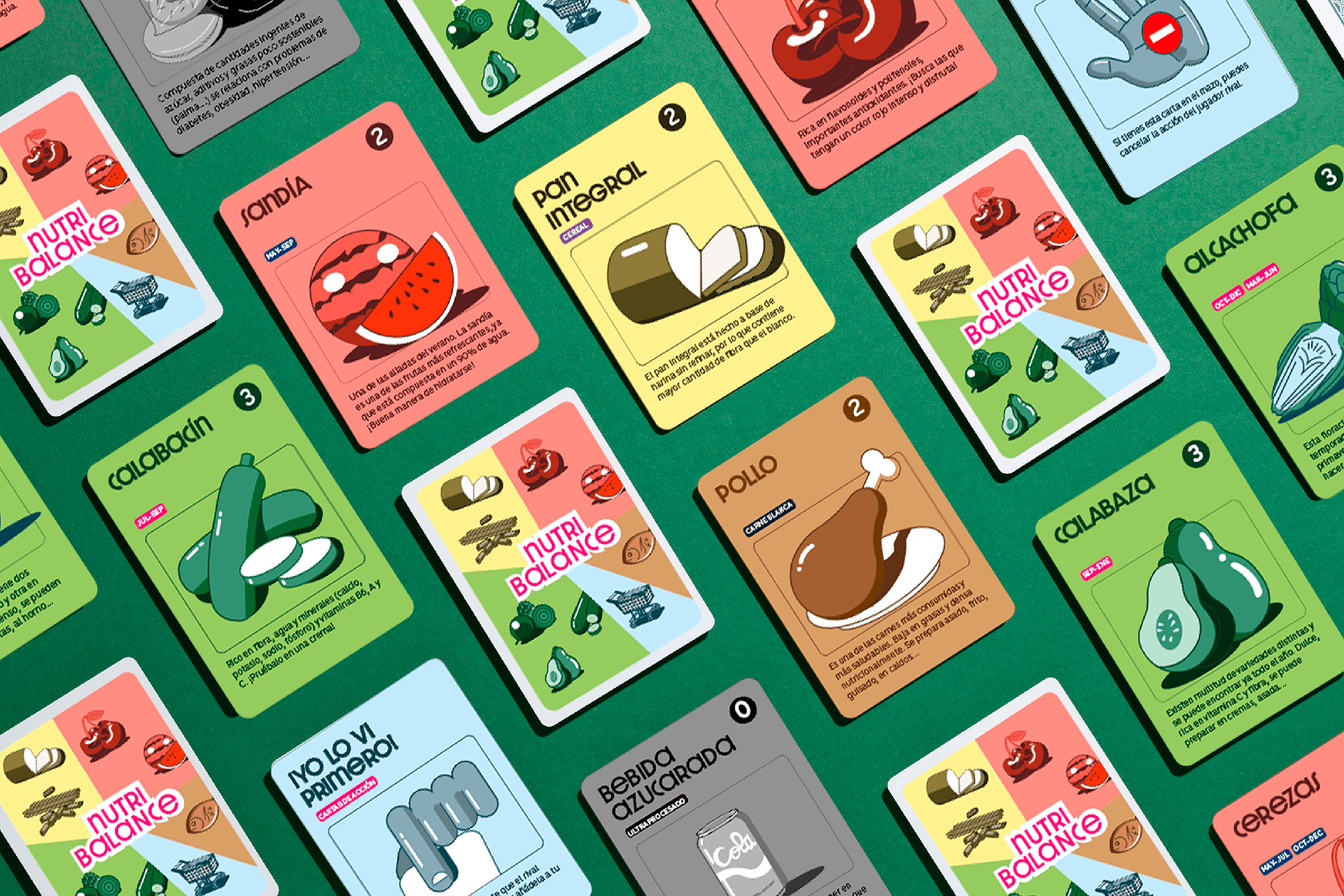 mockup mostrando anverso y reverso de cartas de diferentes tipos sobre fondo verde