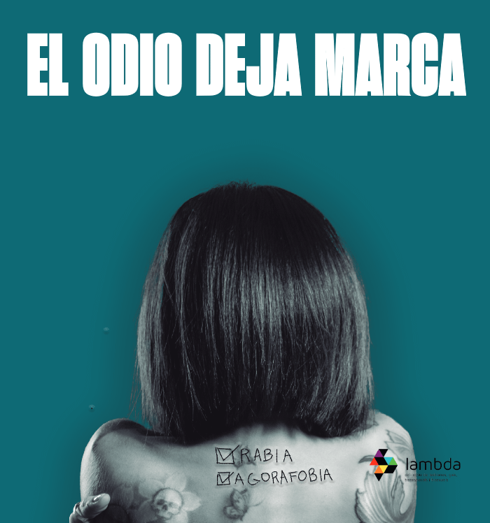 poster 1 "el odio deja marca". parte posterior cabeza mujer con "rabia" y "agorafobia" tatuado en la espalda